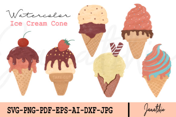 Ice Cream Cone Watercolour Clip Art Set for Print Templates & Handmade Crafts