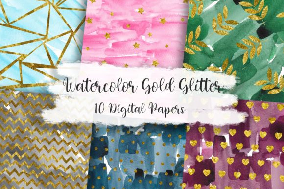 Watercolor Gold Glitter Digital Papers & Patterns