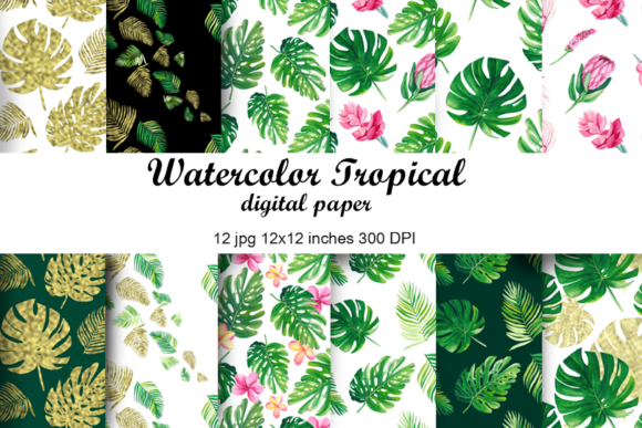 Watercolor Tropical Leaves Digital Paper